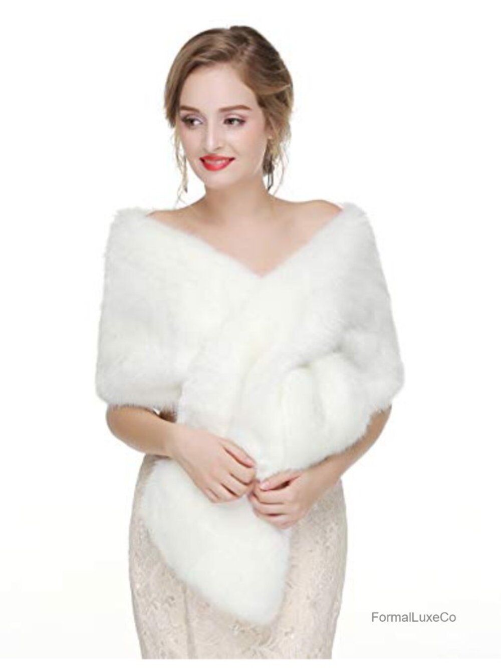 Faux Fur Bridal Wrap Shawl with Brooch Winter Evening Party Stole